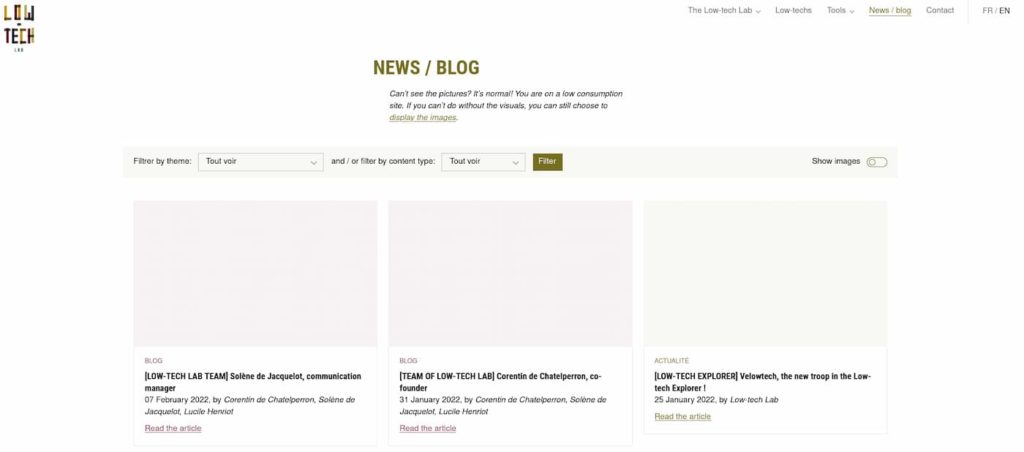 Screenshot of the Low-tech Lab's website. The images are not displayed by default.