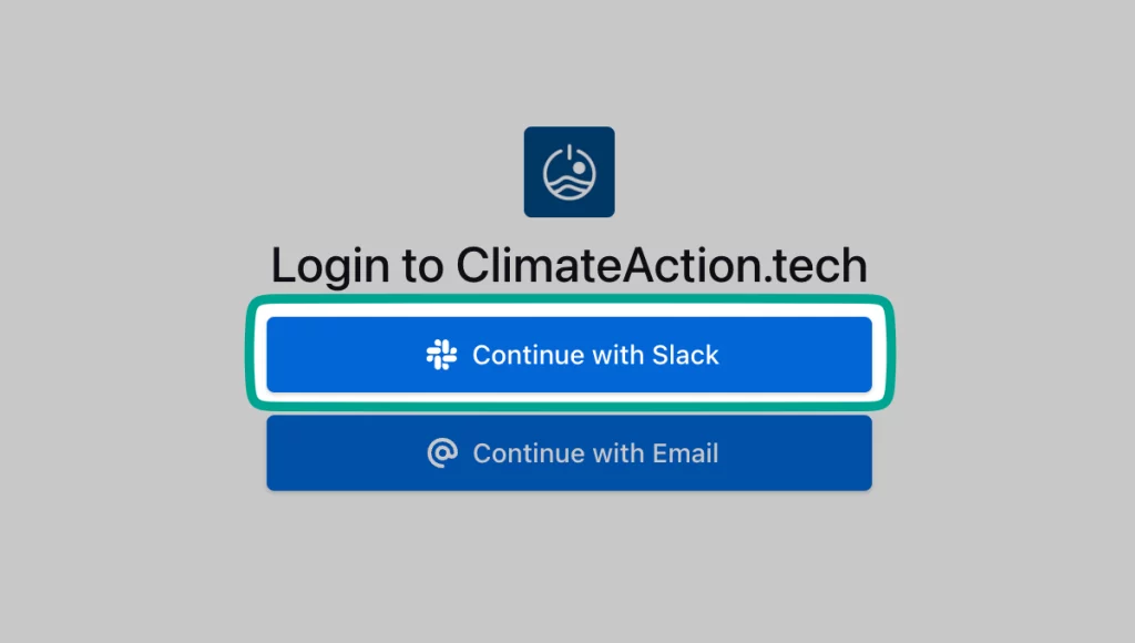 Screenshot of the ClimateAction.tech knowledge base log in screen, with the option "Continue with Slack" highlighted.