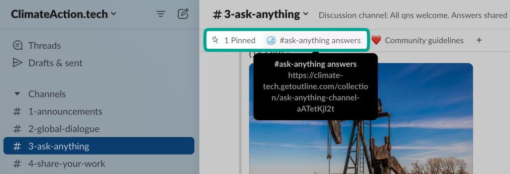 Screenshot from the CAT Slack community with a highlight of the pinned link to the knowledge base in the ask anything channel.