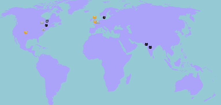 Images shows a world map where participants placed cats on where they are located.

