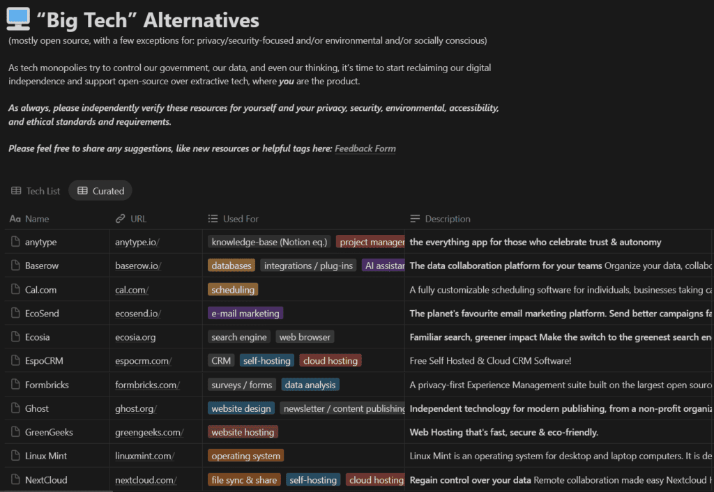 Screenshot of "Big Tech" Alternatives Notion database
